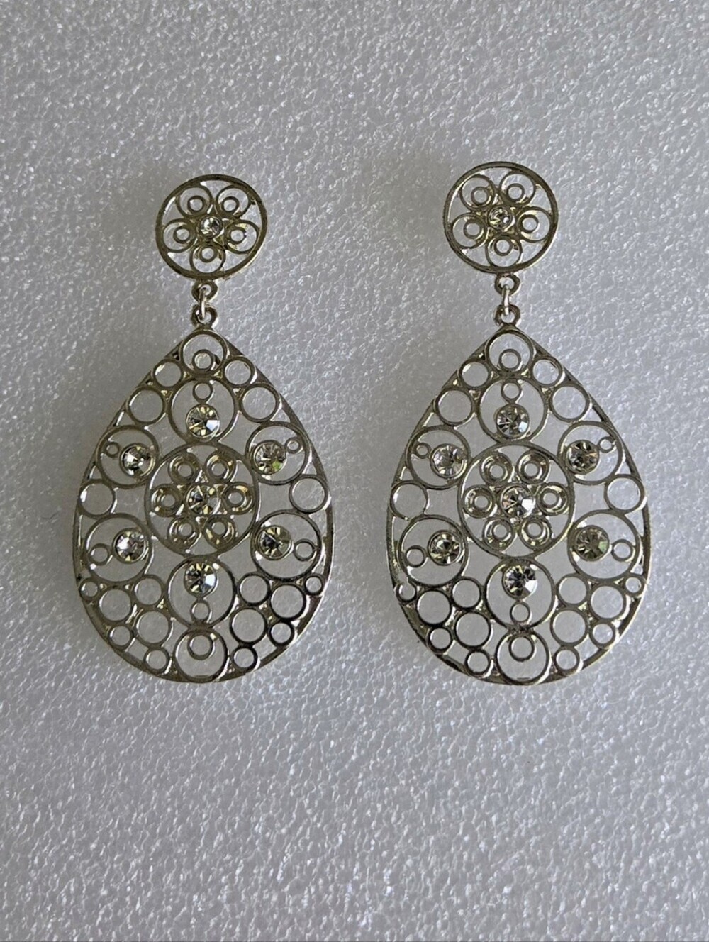 Silver Filigree Teardrop Dangle Earrings with Sparkle - Picture 7 of 16